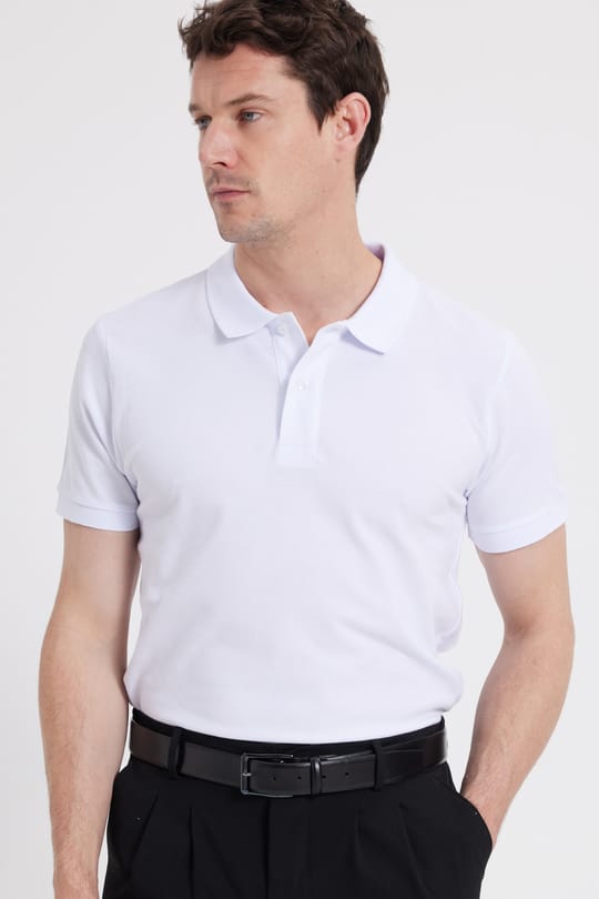 Erkek Slim Fit Dar Kesim %100 Pamuk Düz Pike Beyaz Polo Yaka Tişört