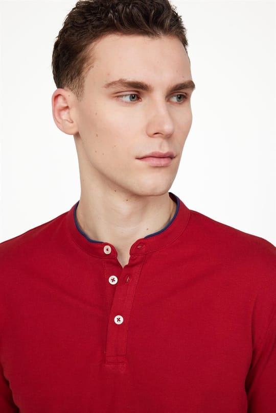 Erkek Slim Fit Dar Kesim %100 Pamuk Düz Pike Bordo Hakim Yaka Tişört