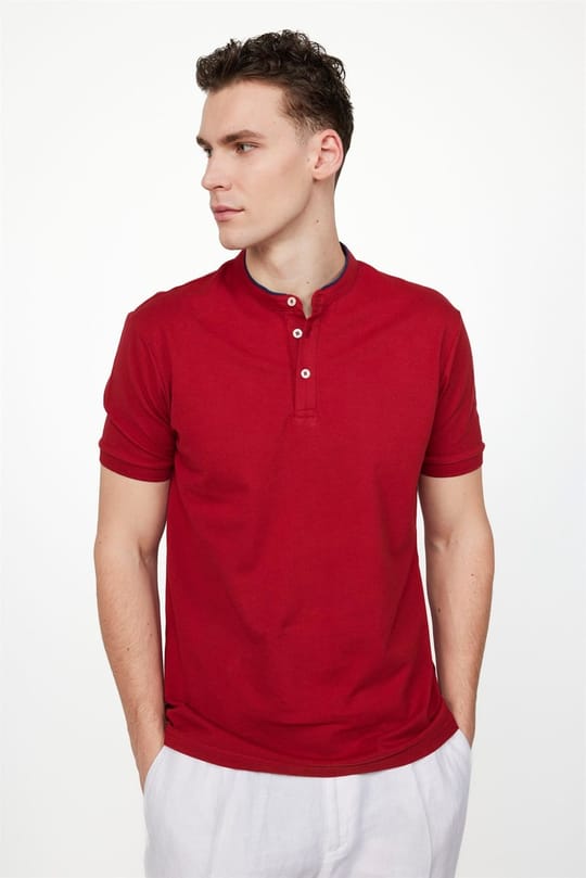 Erkek Slim Fit Dar Kesim %100 Pamuk Düz Pike Bordo Hakim Yaka Tişört