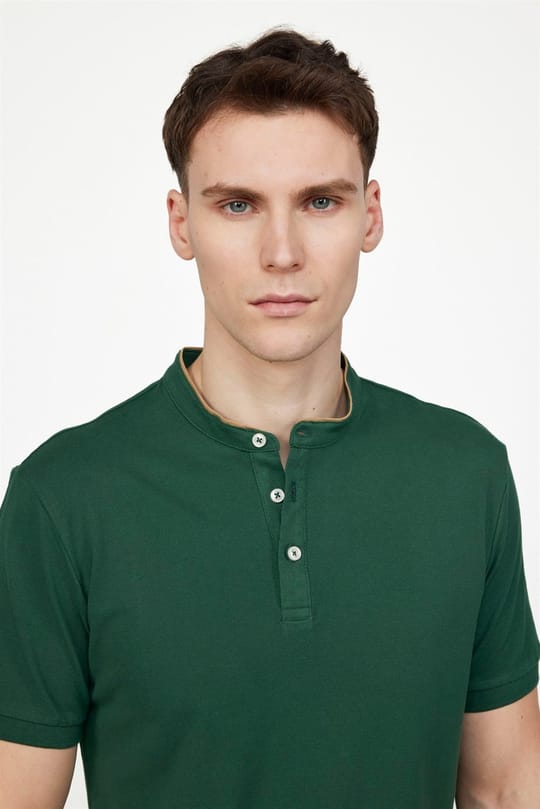 Erkek Slim Fit Dar Kesim %100 Pamuk Düz Pike Yeşil Hakim Yaka Tişört