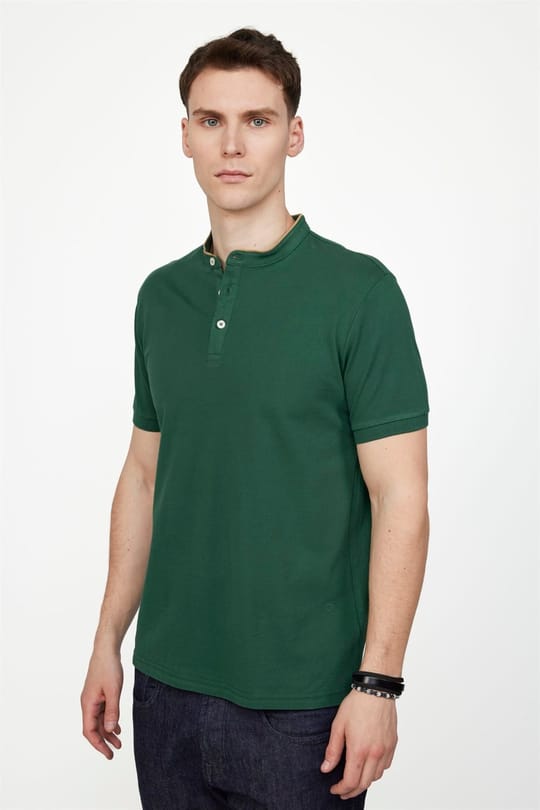 Erkek Slim Fit Dar Kesim %100 Pamuk Düz Pike Yeşil Hakim Yaka Tişört