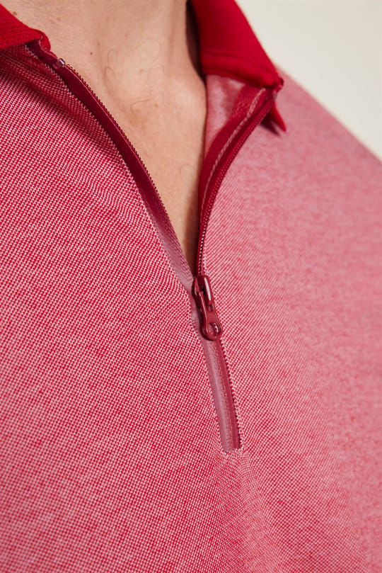 Erkek Slim Fit Dar Kesim Pamuklu Fermuarlı Bordo Polo Yaka Tişört