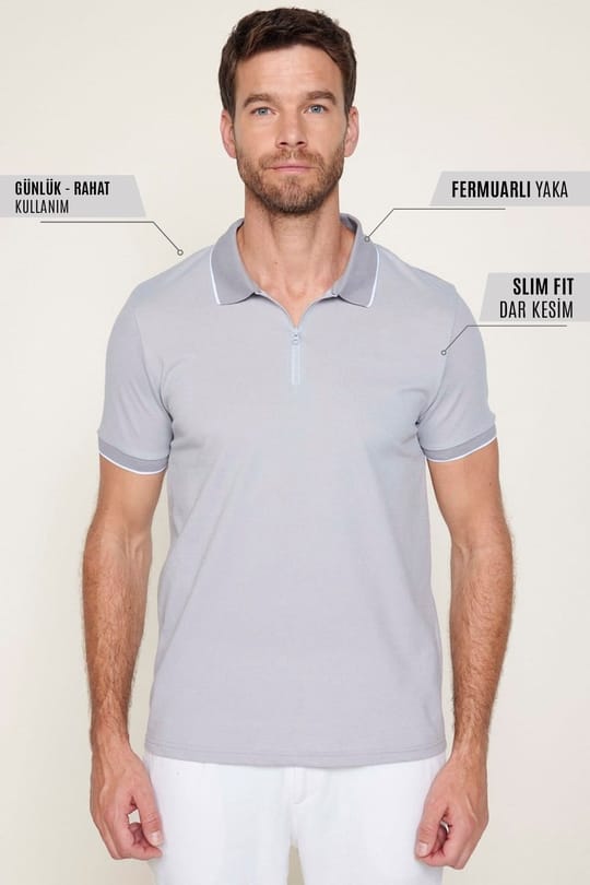 Erkek Slim Fit Dar Kesim Pamuklu Fermuarlı Gri Polo Yaka Tişört