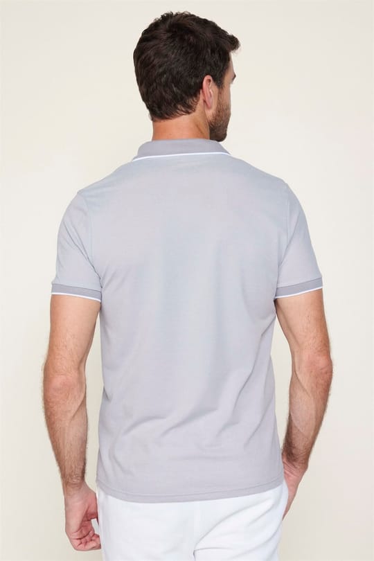 Erkek Slim Fit Dar Kesim Pamuklu Fermuarlı Gri Polo Yaka Tişört