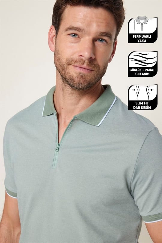 Erkek Slim Fit Dar Kesim Pamuklu Fermuarlı Mint Polo Yaka Tişört