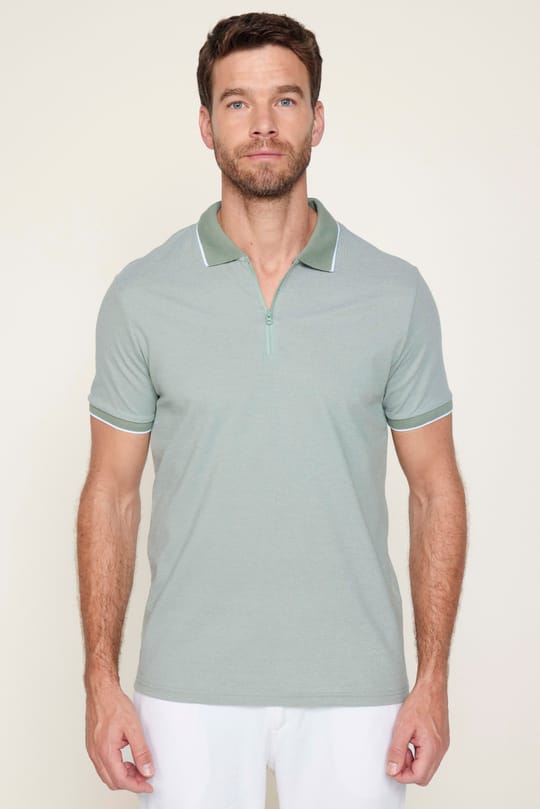 Erkek Slim Fit Dar Kesim Pamuklu Fermuarlı Mint Polo Yaka Tişört