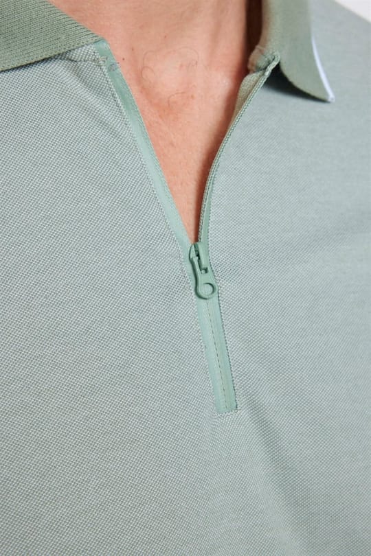 Erkek Slim Fit Dar Kesim Pamuklu Fermuarlı Mint Polo Yaka Tişört