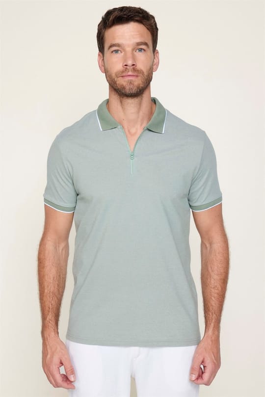 Erkek Slim Fit Dar Kesim Pamuklu Fermuarlı Mint Polo Yaka Tişört