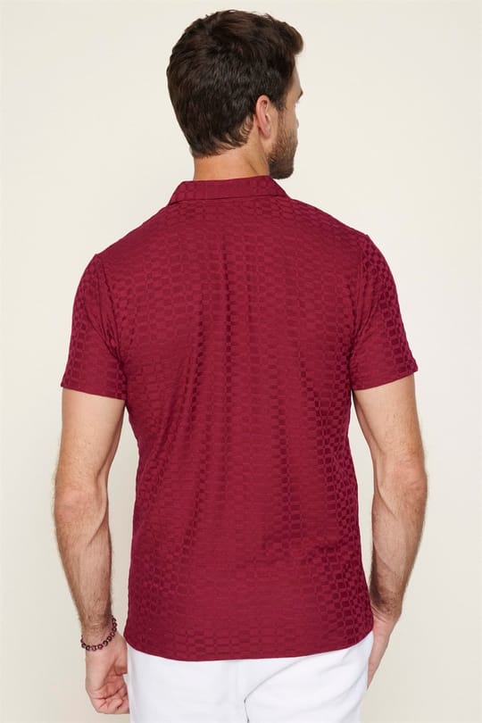 Erkek Slim Fit Dar Kesim Pamuk Fermuarlı Bordo Polo Yaka Tişört