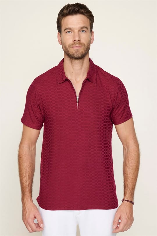Erkek Slim Fit Dar Kesim Pamuk Fermuarlı Bordo Polo Yaka Tişört