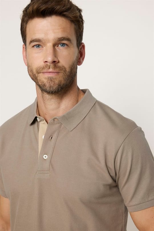 Erkek Slim Fit Dar Kesim %100 Pamuk Düz Pike Bej Polo Yaka Tişört