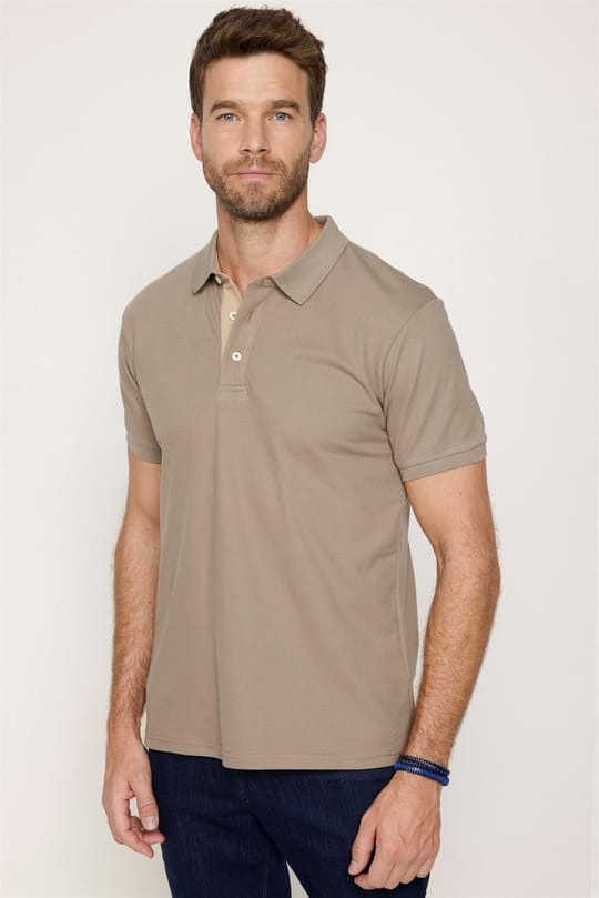 Erkek Slim Fit Dar Kesim %100 Pamuk Düz Pike Bej Polo Yaka Tişört