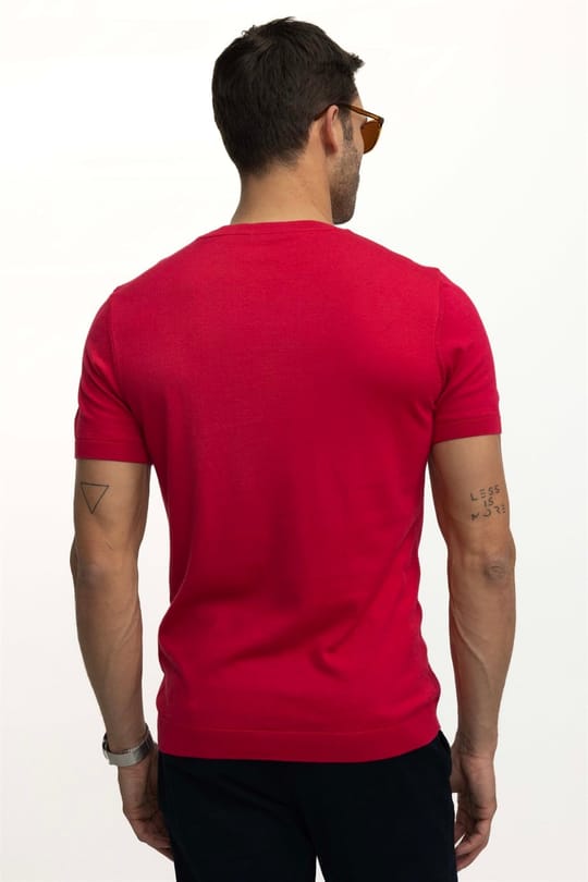 Erkek Slim Fit Dar Kesim Pamuklu Örme Triko Nar Renk Bisiklet Yaka Tişört