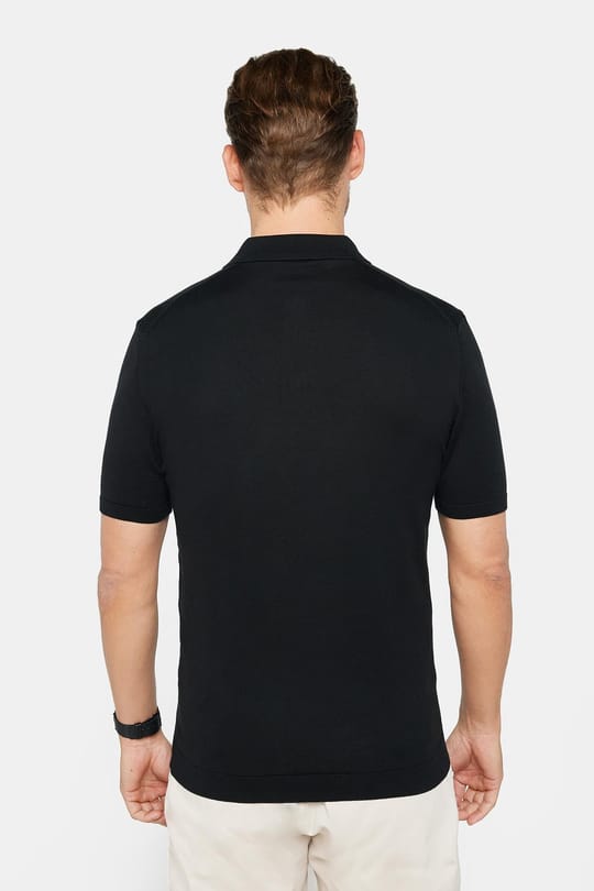 Erkek Slim Fit Dar Kesim Pamuklu Örme Triko Siyah Polo Yaka Tişört