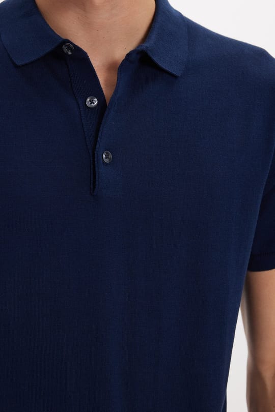 Erkek Slim Fit Dar Kesim Pamuklu Örme Triko Lacivert Polo Yaka Tişört