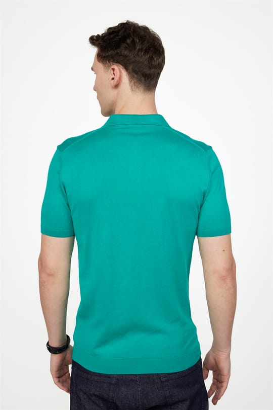Erkek Slim Fit Dar Kesim Pamuklu Örme Triko Yeşil Polo Yaka Tişört