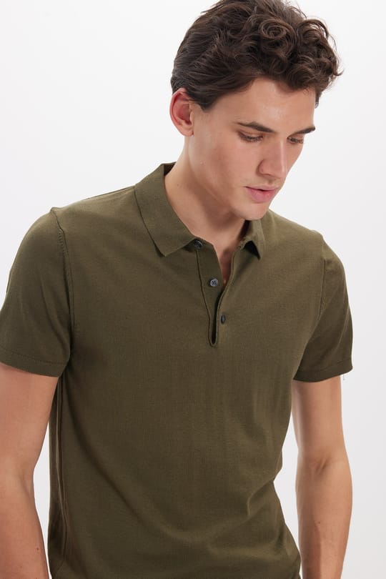 Erkek Slim Fit Dar Kesim Pamuklu Örme Triko Haki Polo Yaka Tişört