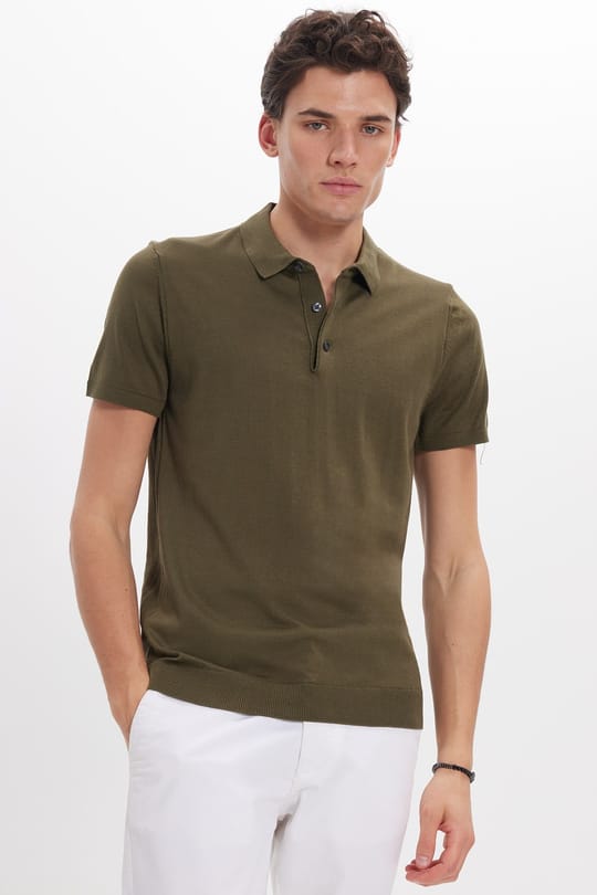 Erkek Slim Fit Dar Kesim Pamuklu Örme Triko Haki Polo Yaka Tişört
