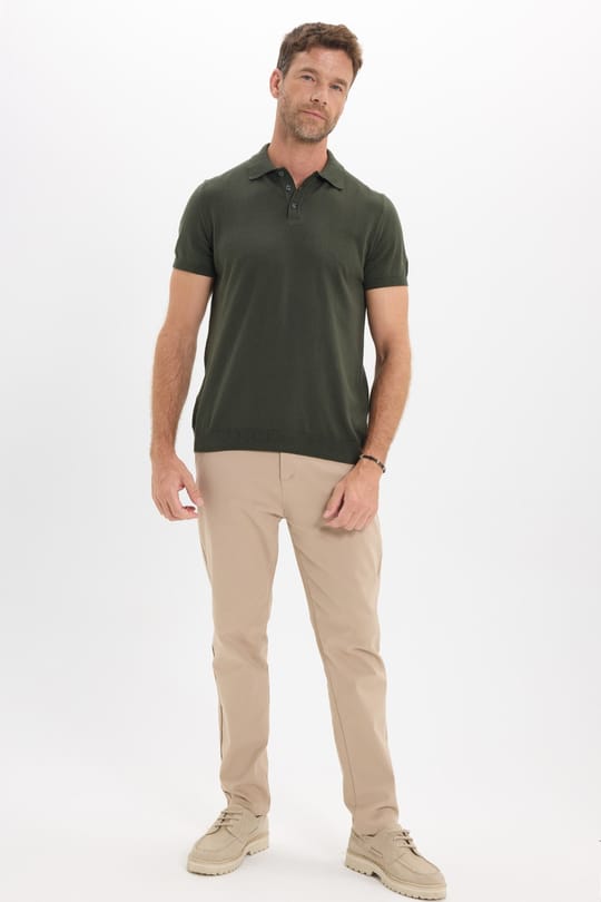 Erkek Slim Fit Dar Kesim Pamuklu Örme Triko Haki Polo Yaka Tişört