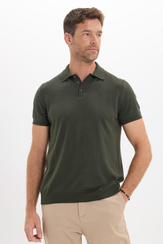 Erkek Slim Fit Dar Kesim Pamuklu Örme Triko Haki Polo Yaka Tişört