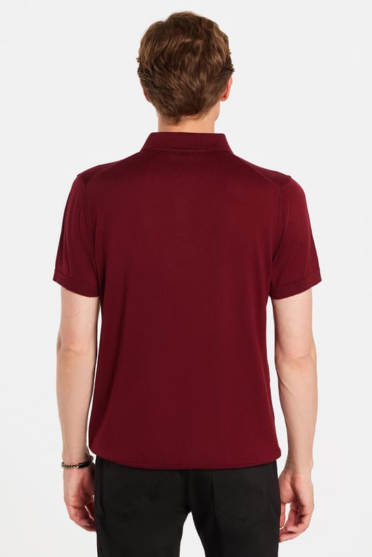 Erkek Slim Fit Dar Kesim Pamuklu Örme Triko Bordo Polo Yaka Tişört