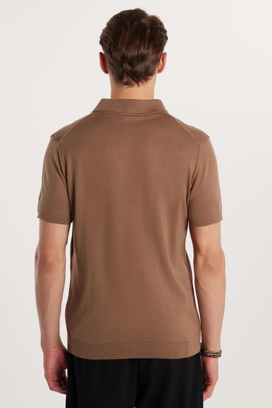 Erkek Slim Fit Dar Kesim Pamuklu Örme Triko Vizon Polo Yaka Tişört