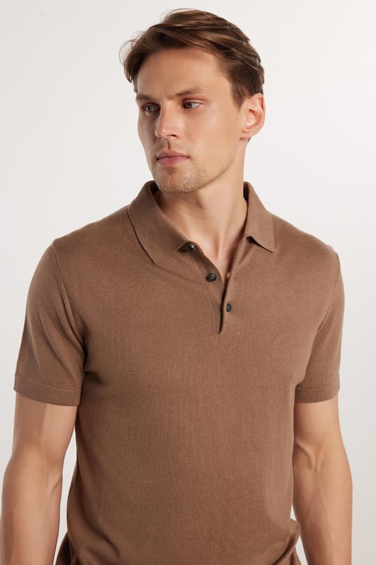 Erkek Slim Fit Dar Kesim Pamuklu Örme Triko Vizon Polo Yaka Tişört