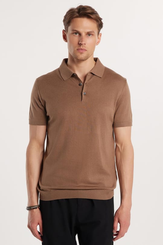 Erkek Slim Fit Dar Kesim Pamuklu Örme Triko Vizon Polo Yaka Tişört