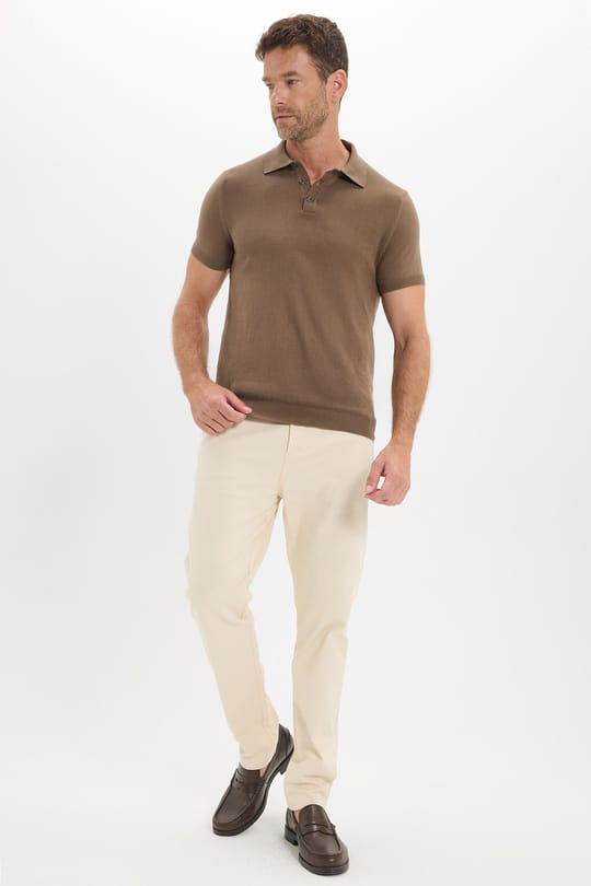 Erkek Slim Fit Dar Kesim Pamuklu Örme Triko Vizon Polo Yaka Tişört