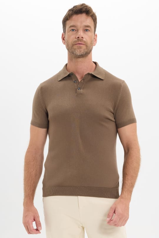Erkek Slim Fit Dar Kesim Pamuklu Örme Triko Vizon Polo Yaka Tişört
