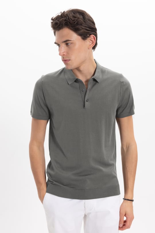 Erkek Slim Fit Dar Kesim Pamuklu Örme Triko Gri Polo Yaka Tişört