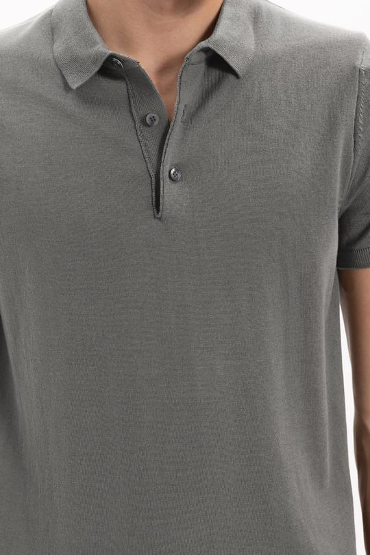 Erkek Slim Fit Dar Kesim Pamuklu Örme Triko Gri Polo Yaka Tişört