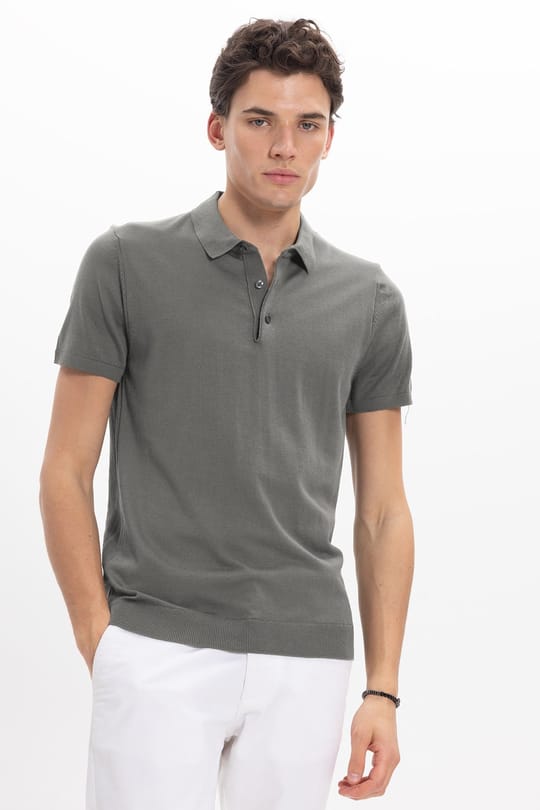 Erkek Slim Fit Dar Kesim Pamuklu Örme Triko Gri Polo Yaka Tişört