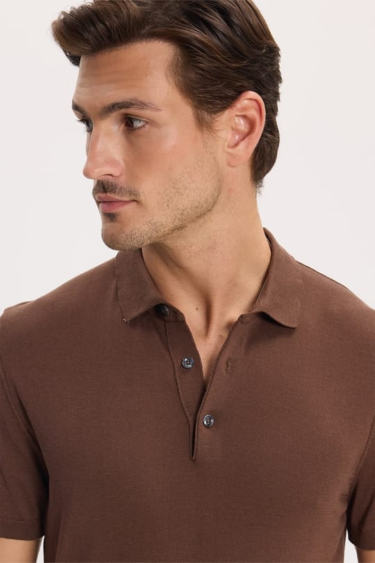 Erkek Slim Fit Dar Kesim Pamuklu Örme Triko Kahverengi Polo Yaka Tişört