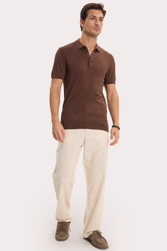 Erkek Slim Fit Dar Kesim Pamuklu Örme Triko Kahverengi Polo Yaka Tişört