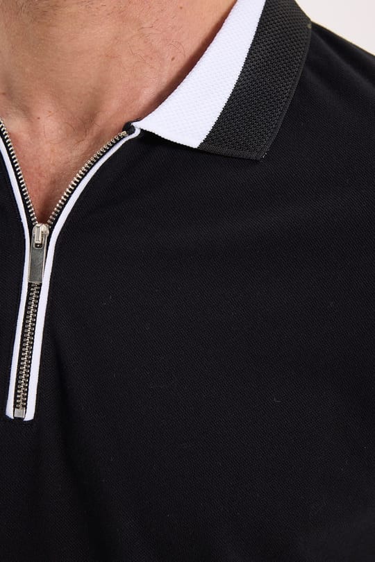 Erkek Slim Fit Dar Kesim %100 Pamuk Düz Pike Fermuarlı Siyah Polo Yaka Tişört