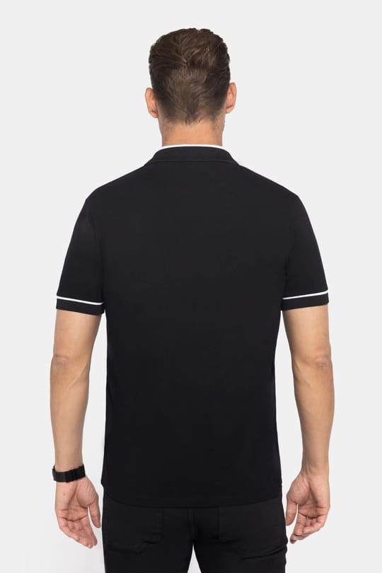 Erkek Slim Fit Dar Kesim %100 Pamuk Düz Pike Fermuarlı Siyah Polo Yaka Tişört