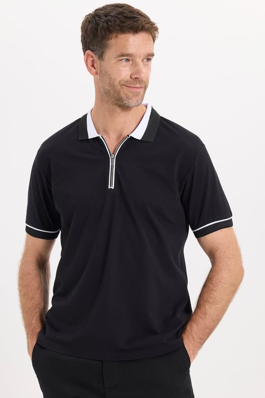 Erkek Slim Fit Dar Kesim %100 Pamuk Düz Pike Fermuarlı Siyah Polo Yaka Tişört