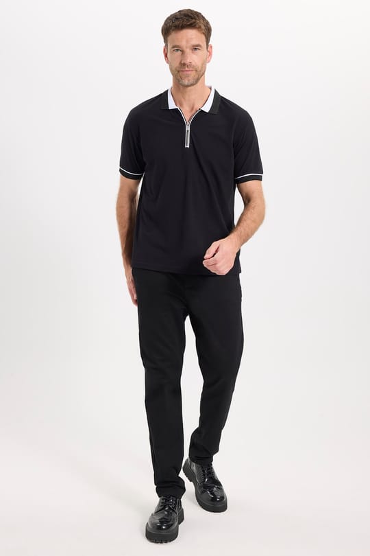 Erkek Slim Fit Dar Kesim %100 Pamuk Düz Pike Fermuarlı Siyah Polo Yaka Tişört