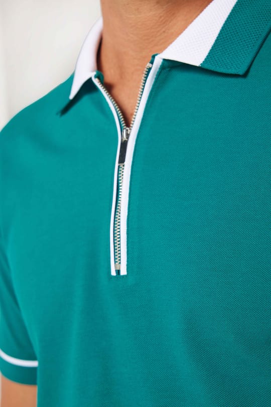 Erkek Slim Fit Dar Kesim %100 Pamuk Düz Pike Fermuarlı Yeşil Polo Yaka Tişört