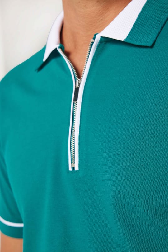Erkek Slim Fit Dar Kesim %100 Pamuk Düz Pike Fermuarlı Yeşil Polo Yaka Tişört