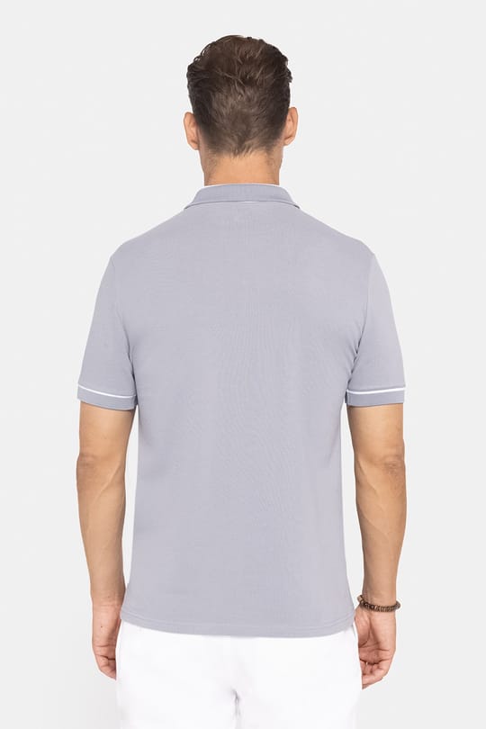 Erkek Slim Fit Dar Kesim %100 Pamuk Düz Pike Fermuarlı Gri Polo Yaka Tişört