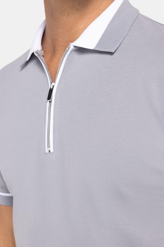 Erkek Slim Fit Dar Kesim %100 Pamuk Düz Pike Fermuarlı Gri Polo Yaka Tişört
