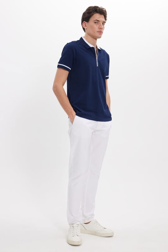 Erkek Slim Fit Dar Kesim %100 Pamuk Düz Pike Fermuarlı Lacivert Polo Yaka Tişört