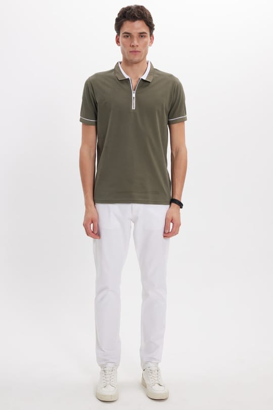Erkek Slim Fit Dar Kesim %100 Pamuk Düz Pike Fermuarlı Haki Polo Yaka Tişört