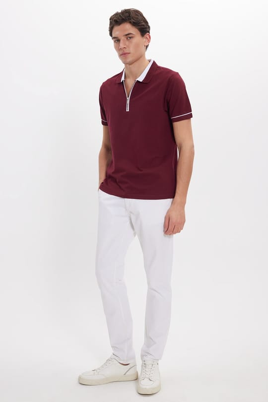 Erkek Slim Fit Dar Kesim %100 Pamuk Düz Pike Fermuarlı Bordo Polo Yaka Tişört