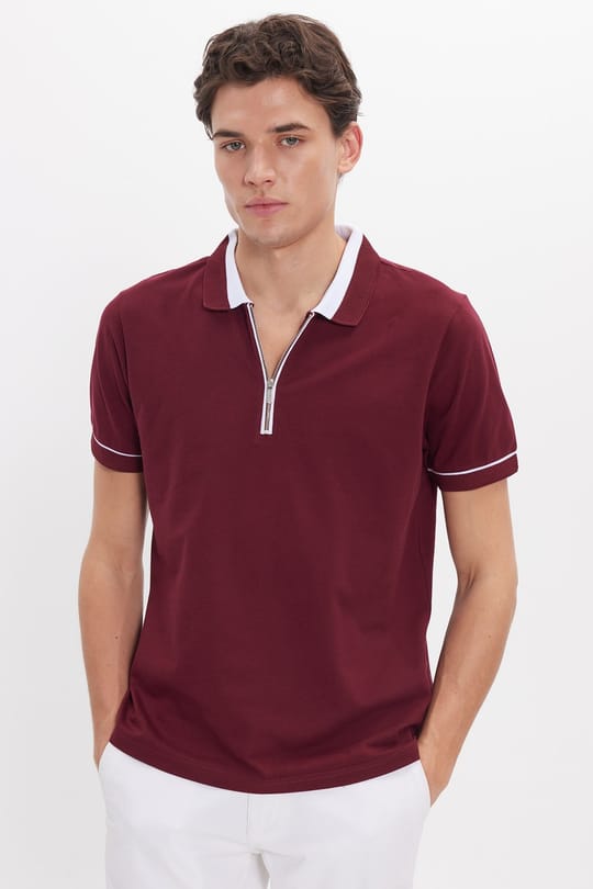 Erkek Slim Fit Dar Kesim %100 Pamuk Düz Pike Fermuarlı Bordo Polo Yaka Tişört