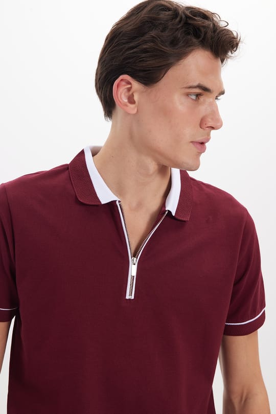 Erkek Slim Fit Dar Kesim %100 Pamuk Düz Pike Fermuarlı Bordo Polo Yaka Tişört