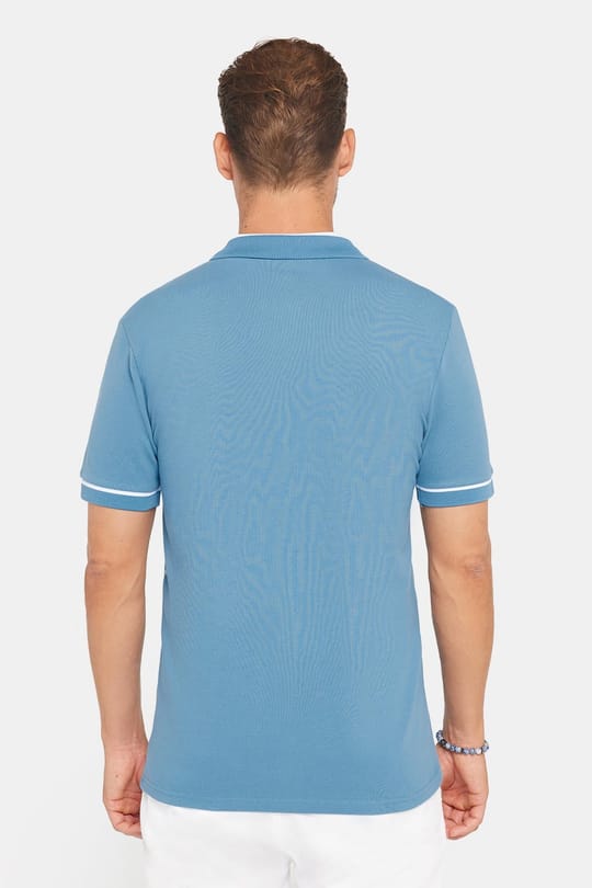 Erkek Slim Fit Dar Kesim %100 Pamuk Düz Pike Fermuarlı Mavi Polo Yaka Tişört