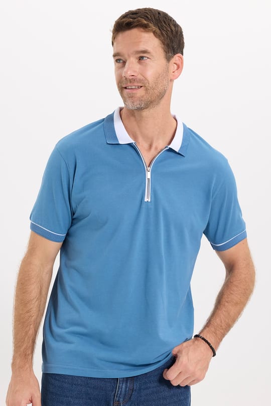Erkek Slim Fit Dar Kesim %100 Pamuk Düz Pike Fermuarlı Mavi Polo Yaka Tişört
